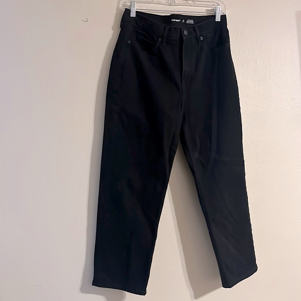 Black denim, straight leg, high rise jeans. Size 10, petite. Old Navy